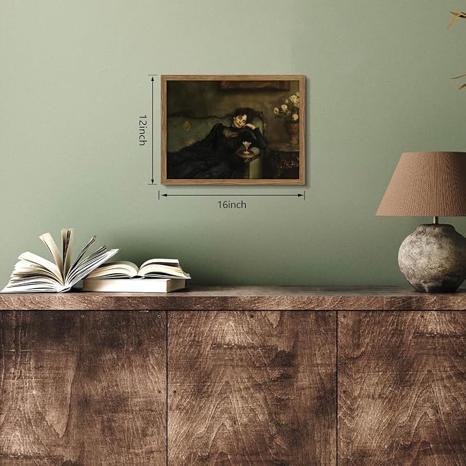 Framed Vintage Victorian Wall Art, Moody Woman Reclining on Sofa Canvas Poster, Dark Academia Portrait Oil Painting Prints, Classical Elegant Wall Decor for Living Room Bedroom Study 12x16in