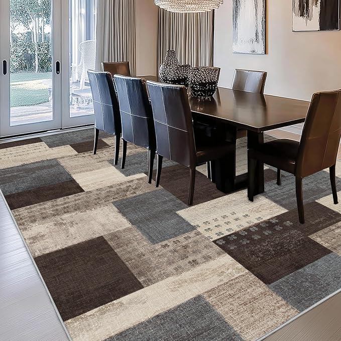 Modern Geometric Patchwork Indoor Area Rug for Living Room, Blue-Taupe 10'x 14' Large Rug Rockwood Collection Hardwood Floors Decor for Bedroom, Blue Throw Carpet for Entryway Dining Room