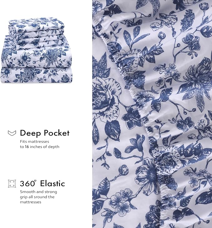 RUVANTI 6 Pcs Cotton Sheets - 100% Natural Cotton Soft, Lightweight & Breathable Crispy Percale Bed Sheets, King Size Sheets Set 16" Deep Pockets, Wild Flower
