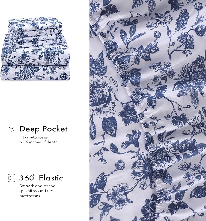 RUVANTI 4 Pcs Cotton Sheets - 100% Natural Cotton Soft, Lightweight & Breathable Crispy Percale Bed Sheets, Twin Sheets Set 16" Deep Pockets, Wild Flower