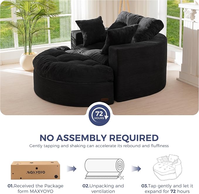 MAXYOYO Oversized Round Chaise Lounge Sofa, Upholstered Lounge Chair with 3 Pillows, Boneless Sofa Couch with Ottoman, Deep Seat Chair for Living Room, Bedroom, No Assembly, Black