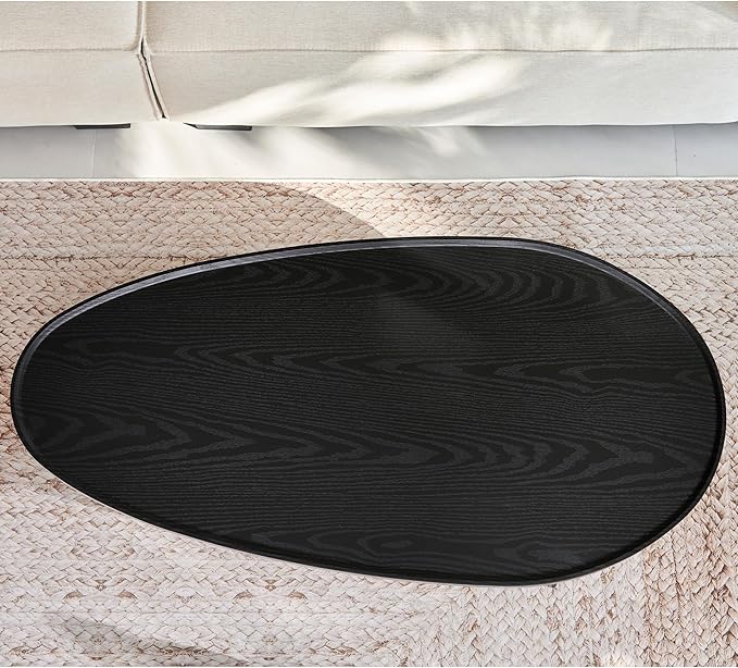 Saint Mossi Oval Wood and Rattan Coffee Table for Living Room, Mid-Century Modern Wood Coffee Table, Center Table for Small Space, Black and Rattan Board, D47xW23.6xH15