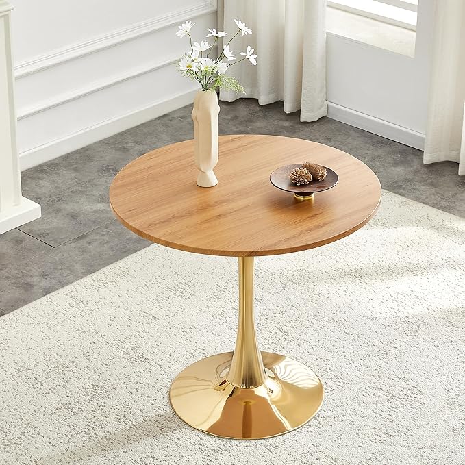 31.5 Inch Small Round Dining Table for 2-4 Person, Circle Tulip Table with Faux Wood MDF Top and Gold Metal Base,Mid Century Modern Bistro Table for Kitchen, Small Places,Living Room, Cafe