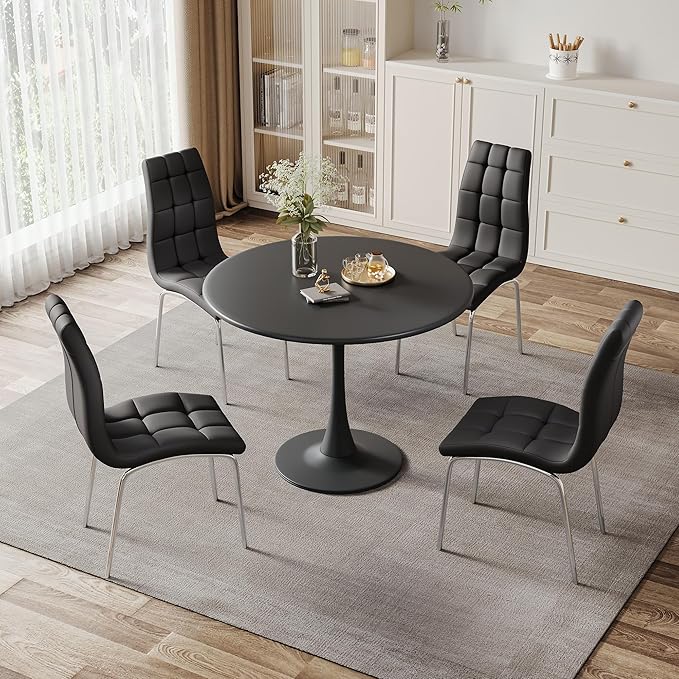 AF ARTISAN FURNITURE Black Round MDF-Metal Dining Table Set for 4, 31.5" Round Tulip Table Kitchen Dining Table with 4 PU Chairs for Office Living Room Small Space Patio Balcony