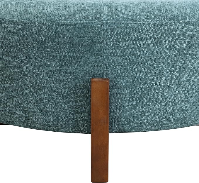Christopher Knight Home Holmes Modern Chenille Upholstered Ottoman Coffee Table, Wooden Round Cocktail Ottoman, Large Living Room Sofa Footstool/Footrest, Teal Blue+Walnut