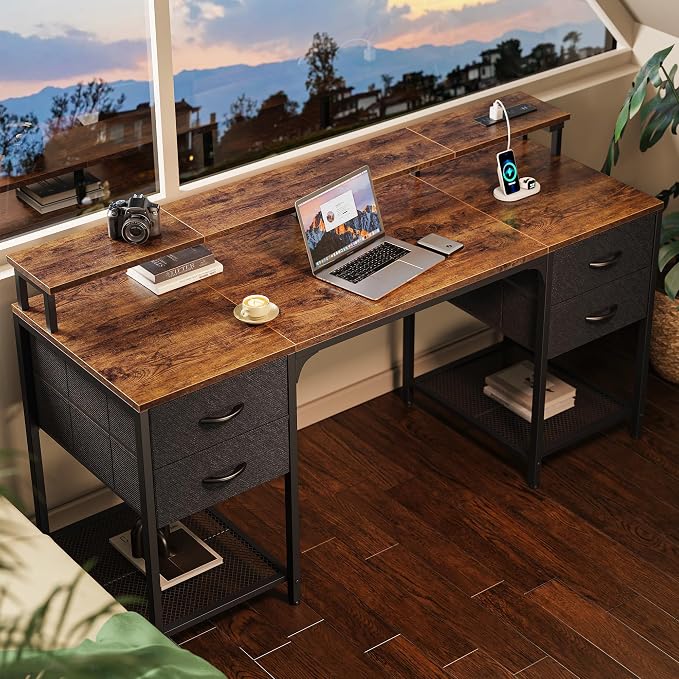 Huuger 63 inch Computer Desk with 4 Drawers, Gaming Desk with LED Lights & Power Outlets, Home Office Desk with Large Storage Space for Bedroom, Work from Home, Rustic Brown