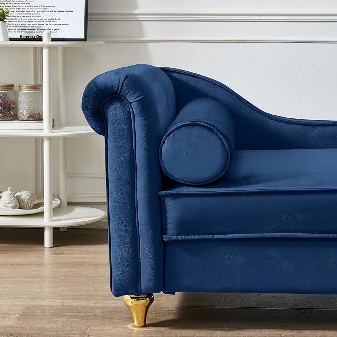 60.6''Velvet Chaise Lounge Indoor, Modern Velvet Lounge Chair with Left Armrest & Lumbar Pillow,Button Tufted Lounge Sofa with Storage for Bedroom, Living Room and Office，Navy Blue