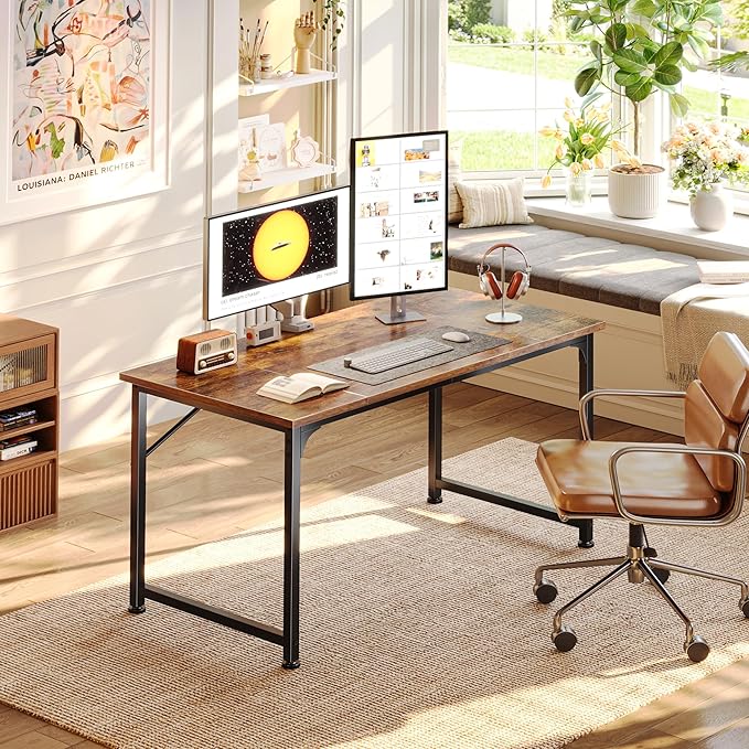 PRAISUN 39.4 Inch Computer Desk, Home Office Desk with Spacious Desktop, Modern Gaming Desk, Writing Study Table for Bedroom, Small Spaces, Work from Home Desk with Metal Frame, Rustic Brown