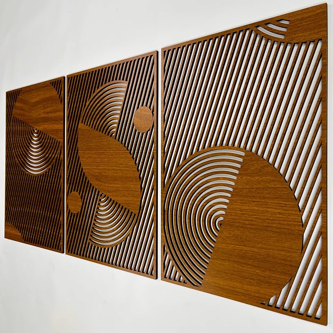 Mid Century Modern Wood Wall Art, Extra Large Geometric Boho Wooden Decor, Abstract Diagonal Circle Panels, Designer Housewarming Gift for Living Room and Bedroom