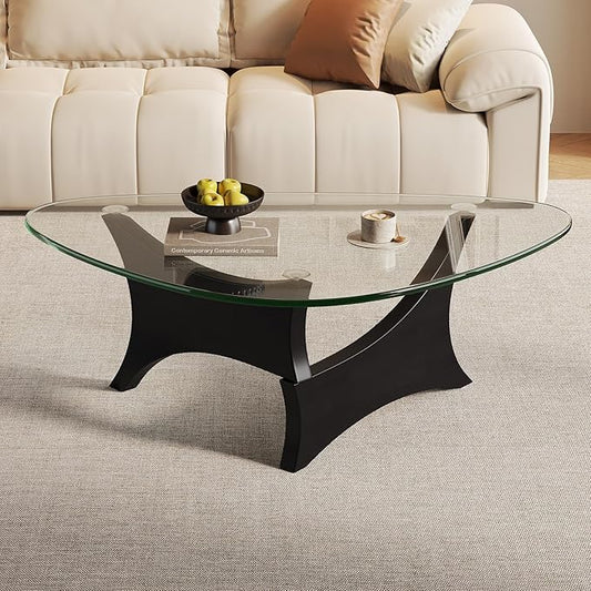 Glass Coffee Table Mid-Century Modern Coffee Table for Living Room Center Table Suitable for Bedroom Living Room Reception Office Tables（Black/Transparent，Large）