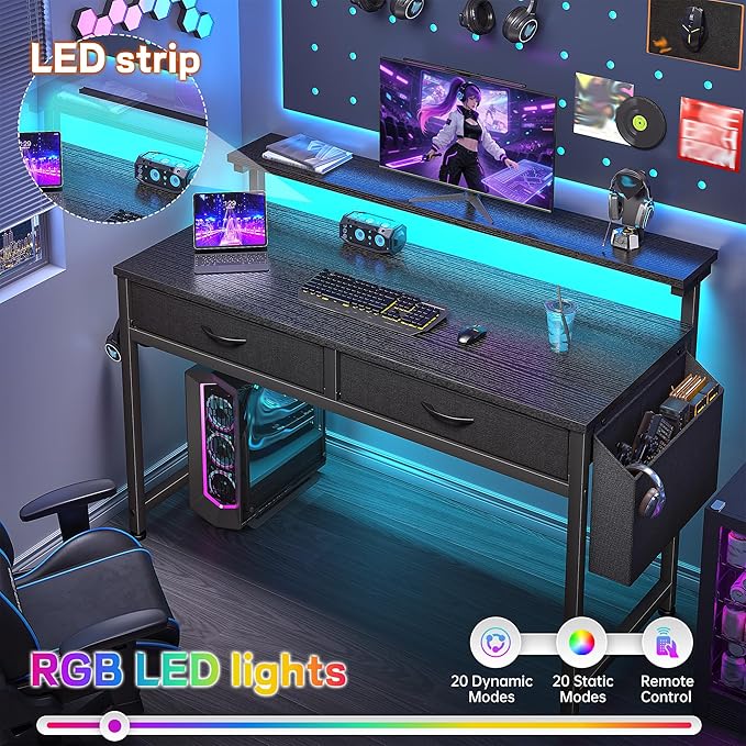 DurayLoly Gaming Desk with LED Lights & 2 Fabric Drawers, 39.4Inch Home Office Computer Desk with Side Pocket & Ergonomic Monitor Stand, Small Space Study Writing Table with Anti-Tip Design,Black