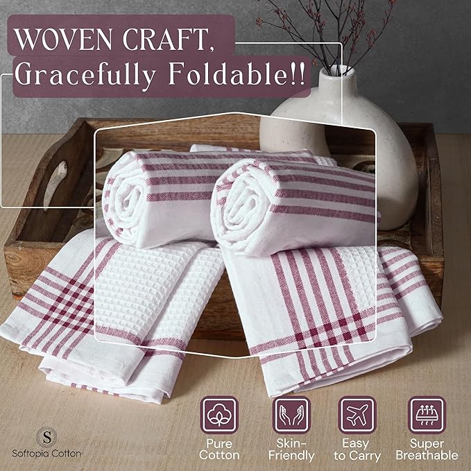 Waffle White & Burgundy Wine Dish Towels Set of 4, 100% Cotton, 16x26 inches, Reusable Cleaning Cloths for Drying Dishes, Quick Dry Kitchen Towel, Durable for Heavy-Duty Use