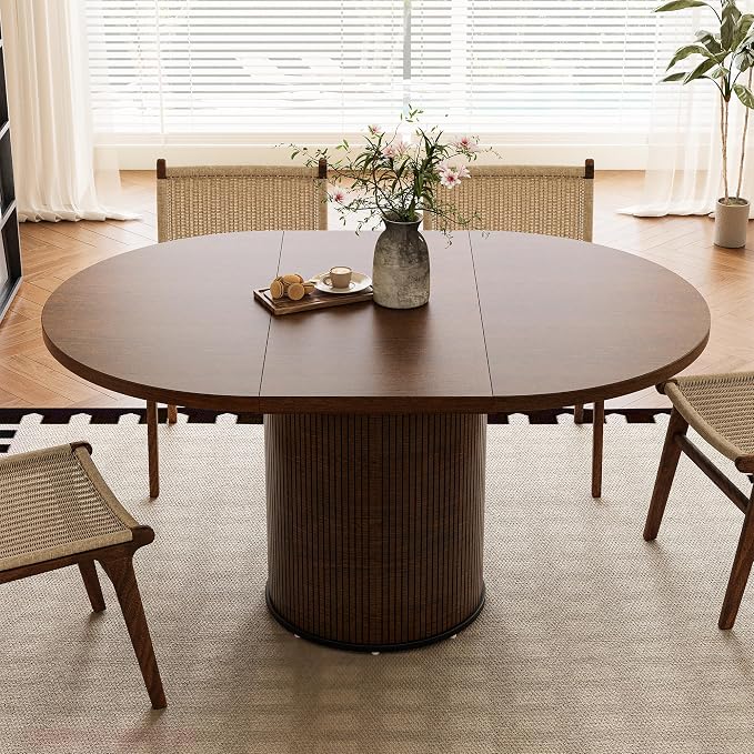 Extendable Round Dining Table for 4-8, 43in-59in Modern Wood Dining Room Table with Removable Leaves, Extendable Dinner Tables w/Heavy Duty Base for Kitchen|Living Room|Small Space, Walnut