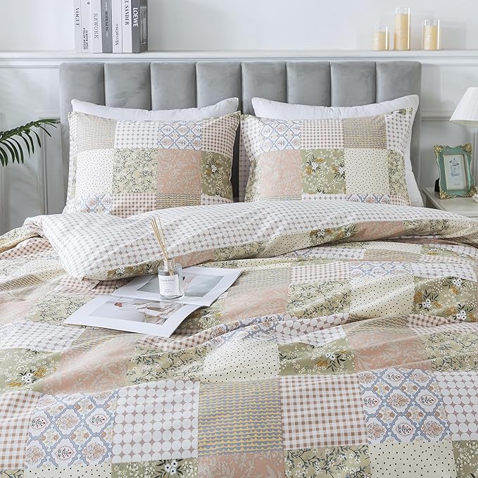 HoneiLife Duvet Dover Queen Size - 100% Cotton Comforter Cover, Checkered Bedlinen Set with Zipper Closure & Corner Ties, 3-PC Rustic Comforter Cover Sets