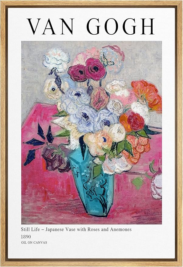 SIGNLEADER Framed Canvas Print Wall Art Still Life Japanese Roses Botanical Brushstroke Illustrations Fine Art Traditional Colorful Multicolor for Living Room, Bedroom, Office - 16"x24" Natural