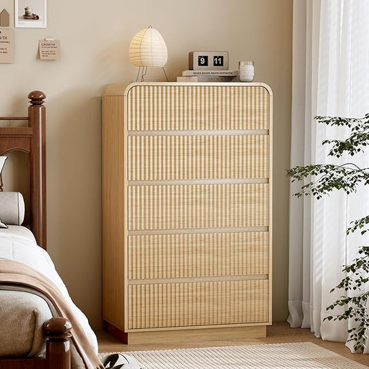 Natural Oak Dresser Fluted Tall 5 Drawer Dresser for Bedroom, Wood Chest of Drawers with Hidden Handles & Rounded Corners, Modern Storage Cabinet and Organizer Drawers for Living Room, Hallway