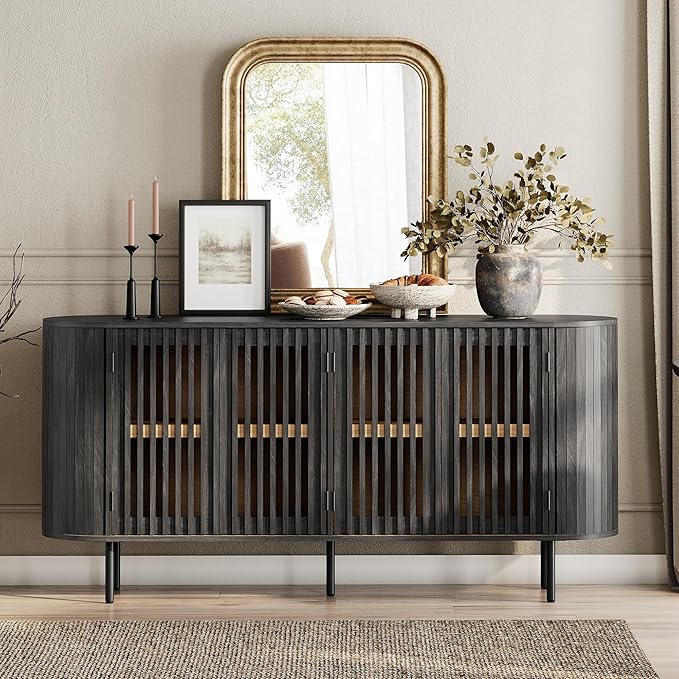 WAMPAT Sideboard Buffet Cabinet with 4 Fluted Doors, 64" Wood Accent Storage Cabinet with Curved Design, Mid-Centery Modern Credenza for Dining Room, Kitchen, Hallway, Black