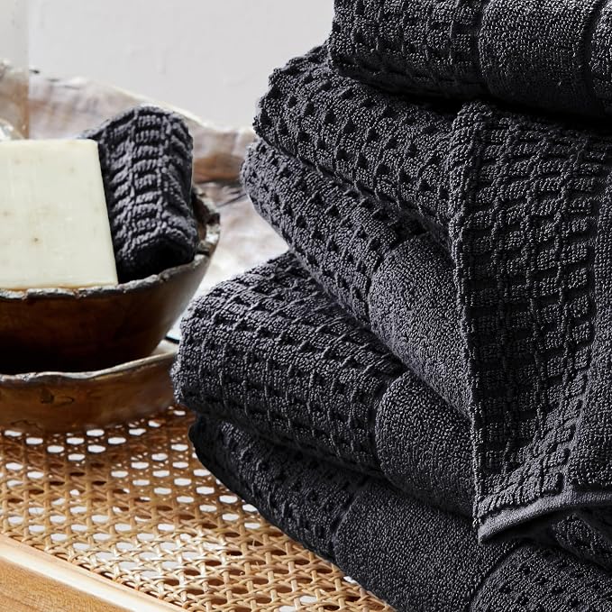 Market & Place 100% Cotton Super Soft Luxury Towel Set | Quick-Dry and Highly Absorbent | Waffle Textured | 550 GSM | 2 Bath Towels, 2 Hand Towels, & 2 Washcloths | Harper Collection (Black)
