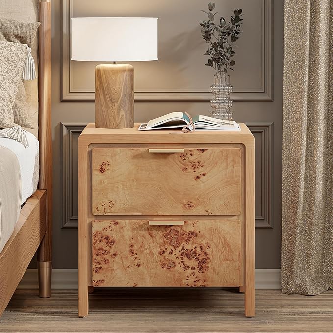 COZAYH Farmhouse Nightstand Set of 2 with Drawer, Distressed Wood Retro Accent Bedside Table, Fully Assembled Side Table for Bedroom, Rustic, Natural, Burl