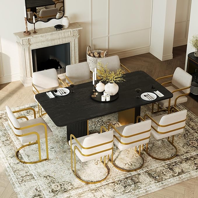 AUZ 78” Luxury Dining Table for 6-8, Farmhouse Wood Dining Room Table with Fluted Design and Brushed Metal Base, Large Rectangular Kitchen Table, Black and Gold