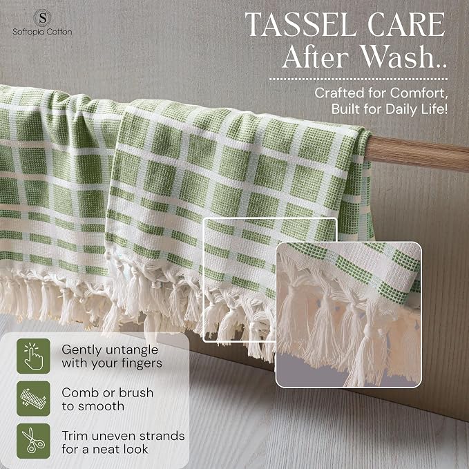Matrix Dobby Kitchen Towels 4 Pack 100% Cotton, 16x26 Inches, Fast Drying, Absorbent Dish Towels with Handmade Tassels, Reusable Cleaning Cloths for Daily Use - Mint Green, White