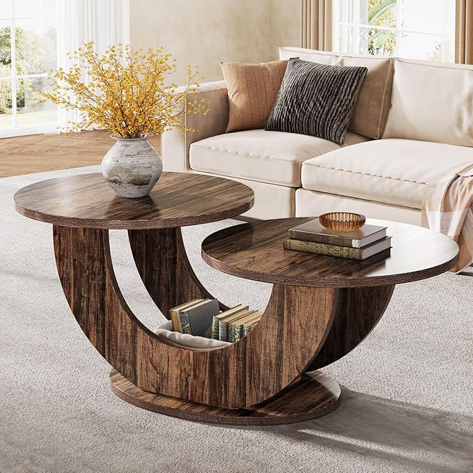 Tribesigns 46-inch Round Coffee Table, Modern Living Room Coffee Table with Funky U-Shaped Frame, Low Accent Center Tea Table for Home, Apartment, Rustic Brown