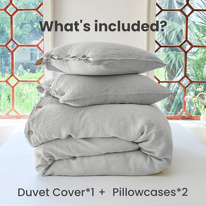 Simple&Opulence 100% Linen Duvet Cover Set 2pcs with Coconut Button Closure Natural French Washed Flax Solid Color Soft Breathable Farmhouse Bedding - Light Grey, Twin Size