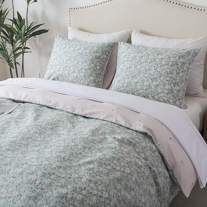 HoneiLife Duvet Cover King Size - 100% Cotton Comforter Cover Floral, Light Green Duvet Cover with Zipper Closure and Corner Ties, 3-Piece Wildflower Comforter Cover Sets