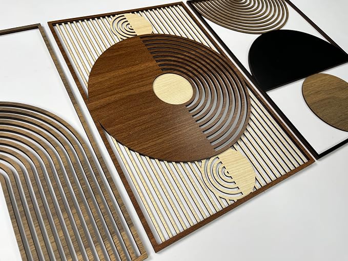Geometric Mid Century Wood Wall Art Set, Scandinavian Boho Wooden Wall Decor, Modern Abstract Triptych Panels, Large Housewarming Gift for Living Room and Bedroom