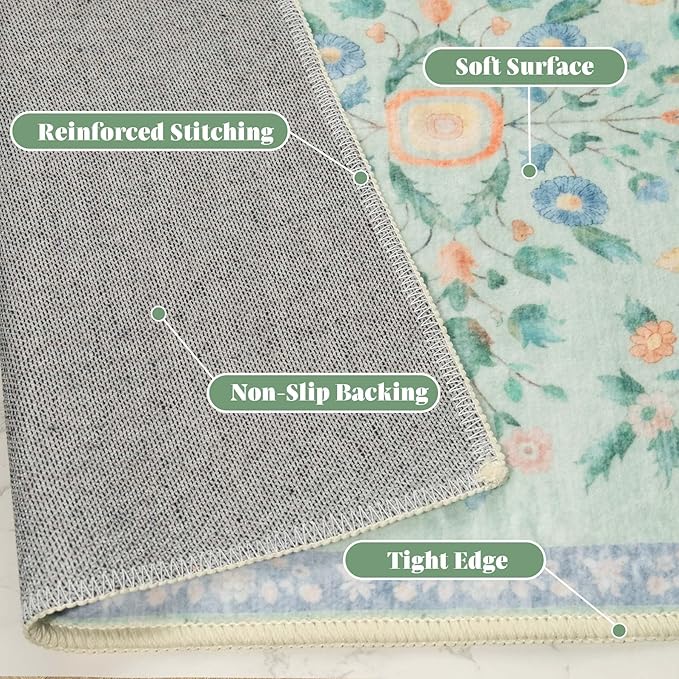 MUJOO Washable 3x5 Rug,Green Floral Area Rugs for Bedroom Bedside Entryway Living Room Kitchen,Small Boho Indoor Floor Rug Non Slip Throw Carpet Low Pile Vintage