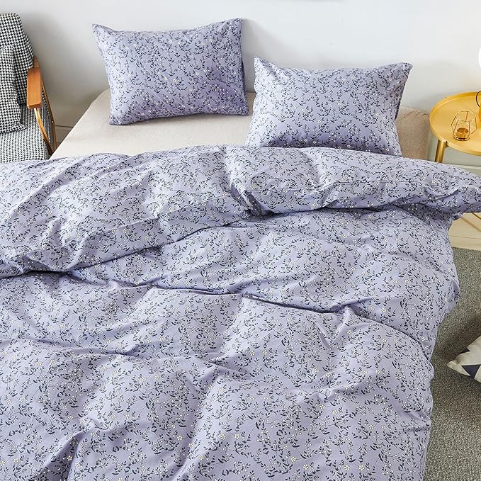 HoneiLife Queen Size Duvet Cover - Cotton Comforter Sets, Floral with Zipper Closure & Corner Ties, Pale Purple, Soft & Breathable - Lavender Grey, 3Pcs