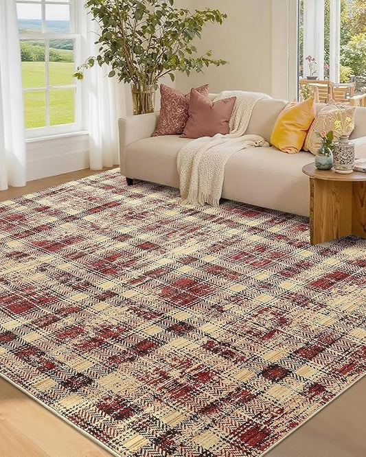 Washable Rugs 4x6 Rug for Living Room Modern Plaid Area Rug for Bedroom Tartan Farmhouse Red Non Slip Entryway Rug Soft Stain Resistant Carpet for Nursery Entrance Dining Room 4'x6' Red