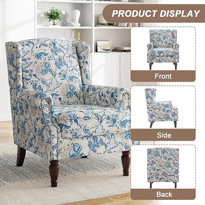 Pia Ricco High Back Floral Accent Chair - Retro Wingback Upholstered Armchair with Nailhead Trim, Solid Wood Legs, Fabric Living Room Bedroom Reading Chair (Flower Blue)