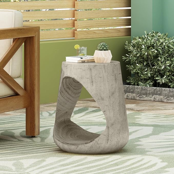 ø14.5'' Side Table End Table for Living Room, Modern Retro Farmhouse Countryside Style, Magnesium Oxide Material for Indoor & Outdoor, No Assembly, Wood Grain, Gray