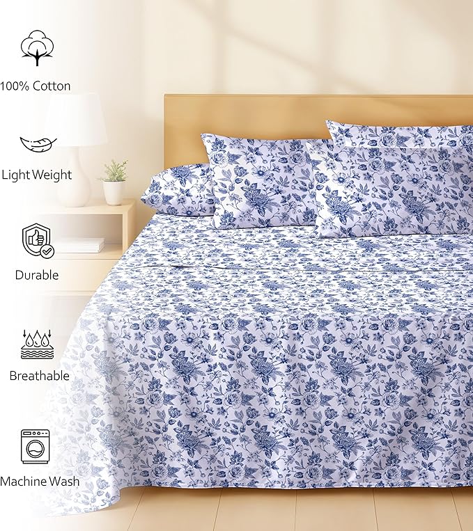 RUVANTI 6 Pcs Cotton Sheets - 100% Natural Cotton Soft, Lightweight & Breathable Crispy Percale Bed Sheets, California King Sheet Sets 14" Deep Pockets, Wild Flower
