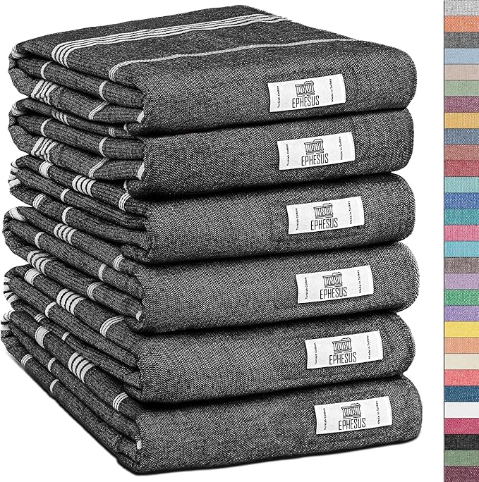 Hand Towels - Set of 6 | 18" x 30" - Decorative Turkish Hand Towel for Bathroom, Kitchen, Guest, Face, Hair, Tea, Dishcloth (Sultan, Black)