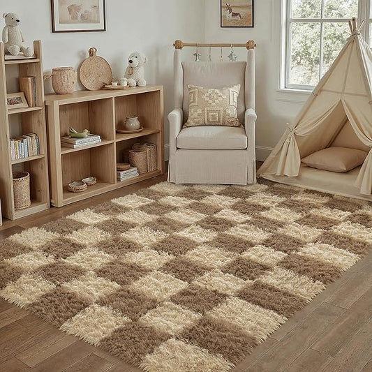 Checkered Rug 4x6 for Living Room, Brown Modern Shag Rug Super Soft Washable Fluffy Rugs Indoor Fuzzy Carpet for Bedroom Home Dorm Aesthetic Decor