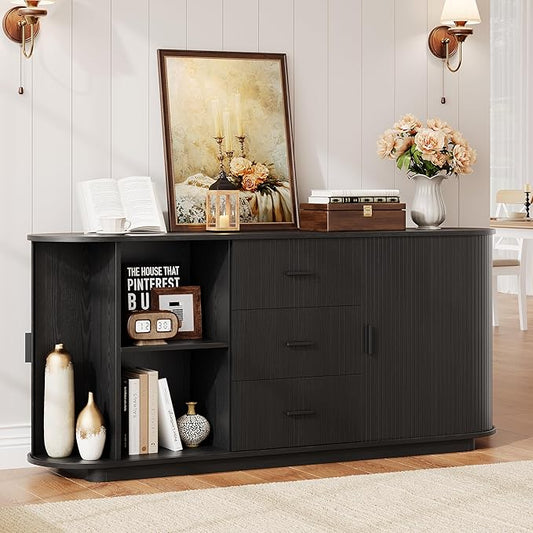 ONBRILL 63" Fluted Sideboard Buffet Cabinet with 3 Drawers & 2 Doors, Mid-Century Modern Buffet Sideboard Cabinet with Storage, Coffee Bar Table with Adjustable Shelf for Kitchen, Living Room, Black