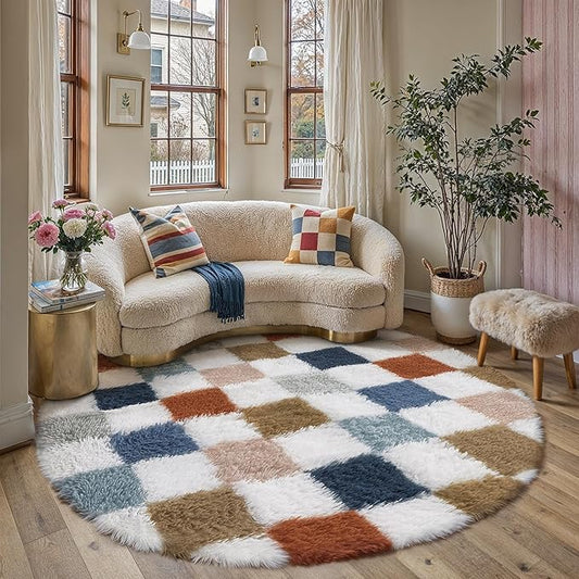 Checkered Rug 6x6 for Living Room, Modern Rainbow Shag Super Soft Washable Fluffy Rugs Indoor Fuzzy Carpet for Bedroom Home Dorm Aesthetic Decor