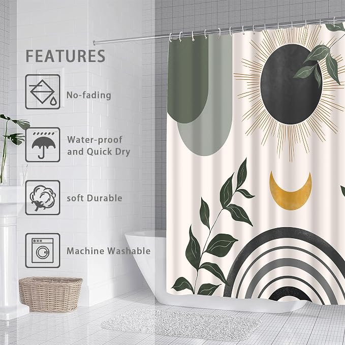 Mid Century Abstract Boho Aesthetic Shower Curtain Set, Gray Nature Leaf Sun Modern Minimalist Home Bathroom Curtain Decor with 12 Hooks 84 Inch Wide * 72 Inch High Grey