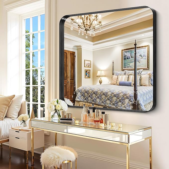 CIRCUMI Black Bathroom Mirror, 42"x42" Rectangular Mirror with Deep Metal Frame, Rounded Corner, Tempered Glass, Mirror for Wall, Oversink, Bedroom, Installed Vertically/Horizontally, Crystal-Clear