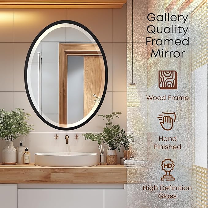 OVALCREST - Oval Wooden Beveled Wall Mirror for Home Decor, Bathroom, Vanity, Bedroom, Living Room, Hallway - London Style (Matte Black) 41.1 x 31.1