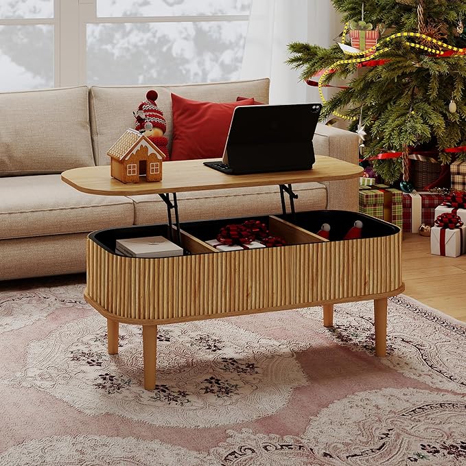 Fluted Lift Top Coffee Table with Hidden Storage, Oval Coffee Table with Lifting Top, Mid Century Modern Design for Living Room, Office & Small Spaces(Natural)