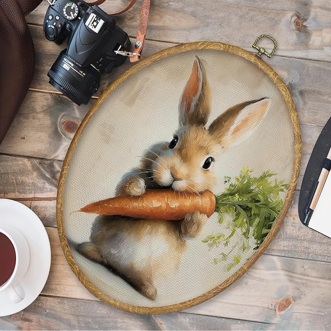 CGBHW Vintage Easter Bunny Oval Wall Art Decor, Rustic Bunny and Carrot Canvas Prints Framed, Cottagecore Easter Rabbit Wall Art Hanging Decor for Kitchen Home Bedroom Living Room, 8.6x11.4 Inch