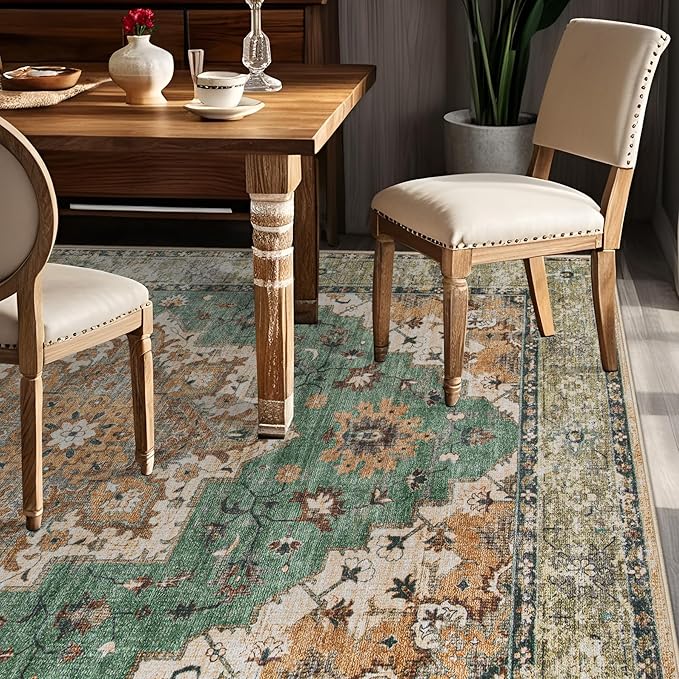 Area Rug 6x9 Vintage Rug: Washable Indoor Medallion Rugs Low Pile Distressed Floor Carpet Retro Accent Rug for Living Room Bedroom Kitchen Dining Table Home Office(Brown Green, 6'x9')