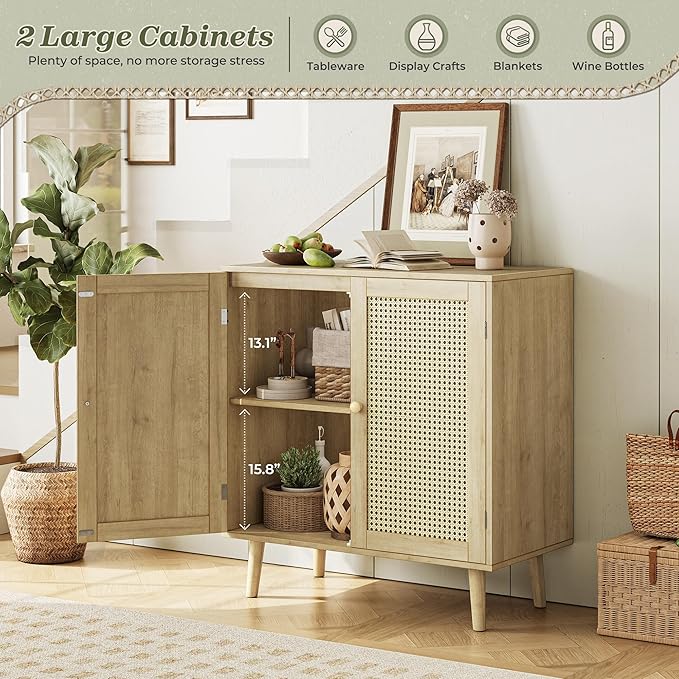 Huuger Buffet Cabinets with Storage, Set of 2, Storage Cabinets with Synthetic Rattan Doors, Accent Cabinet with Solid Wood Feet, Sideboard Cabinet for Hallway, Entry, Living Room, Natural