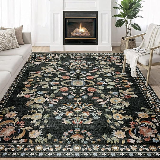 MUJOO 5x7 Area Rugs Washable,Black Floral Rugs for Living Room Bedroom Dining Room Playroom,Boho Indoor Floor Rug Large Non Slip Throw Carpet Low Pile Vintage