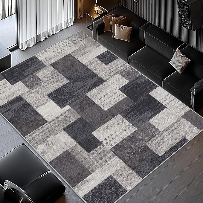 Modern Geometric Patchwork Indoor Area Rug for Living Room, Charcoal 10'x 14' Large Rug Rockwood Collection Hardwood Floors Decor for Bedroom, Grey Throw Carpet for Office Entryway Dining Room
