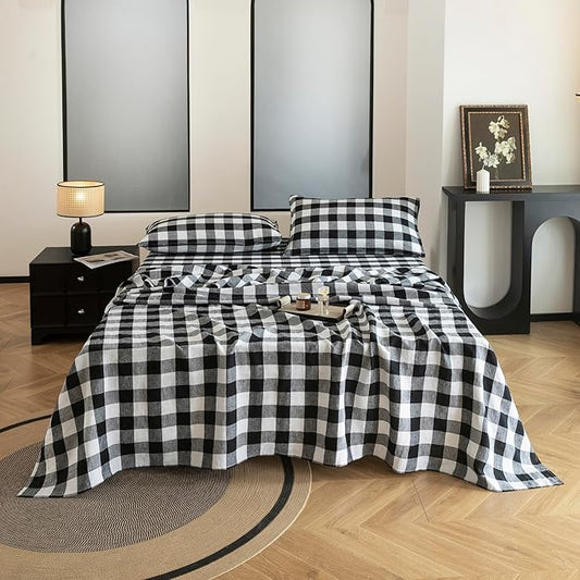 EVERLY Linen Sheets Set King Size,100% French Stonewash Pure Linen Bed Sheets,4Pieces (1Flat Sheet,1Fitted Sheet,2Pillowcase) Suitable for Hot Sleepers,Deep Pocket Natural Bedding Set-Black Plaid