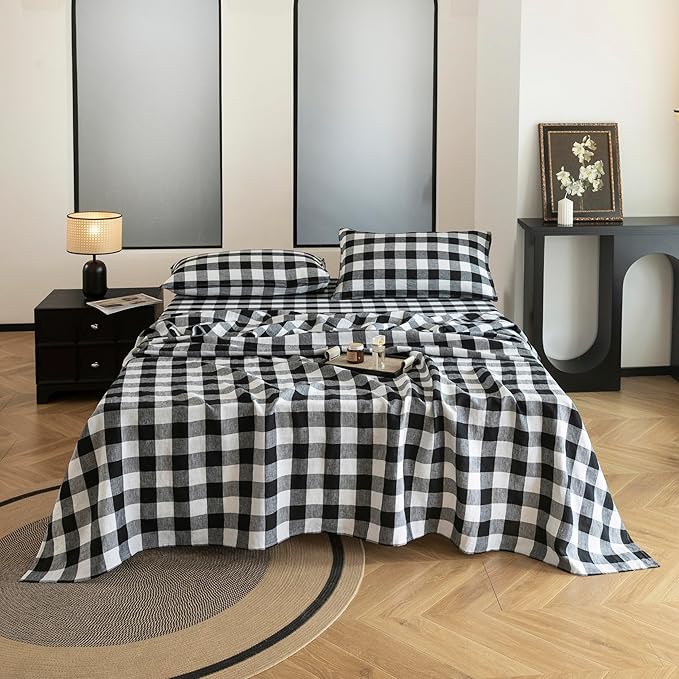 EVERLY Linen Sheets California King Size,100% French Stonewash Linen Sheets Set,4Pieces (1Flat Sheet,1Fitted Sheet,2Pillowcase) Suitable for Hot Sleepers,Deep Pocket Natural Bedding Set-Black Plaid